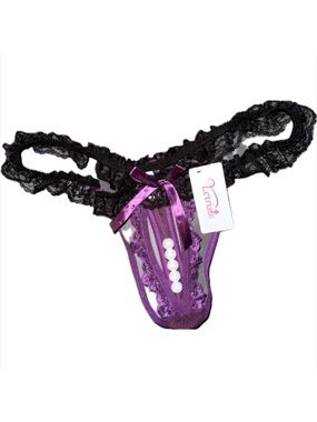 NEW Crotchless Lace & Pearls Purple & Black Thong Panties Lingerie